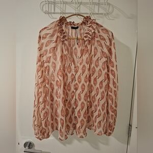 Zara Women's Pink & Gold Paisley Boho Sheer Flowy Puff-sleeve Blouse (Size M/L)
